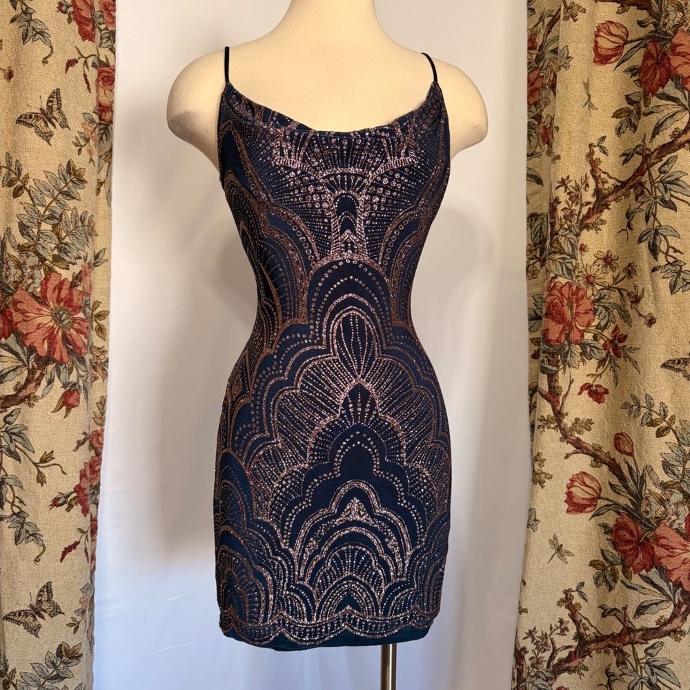 Jump Apparel Navy blue and Rose Gold Glitter Art Deco Cowl Neck Mini Dress